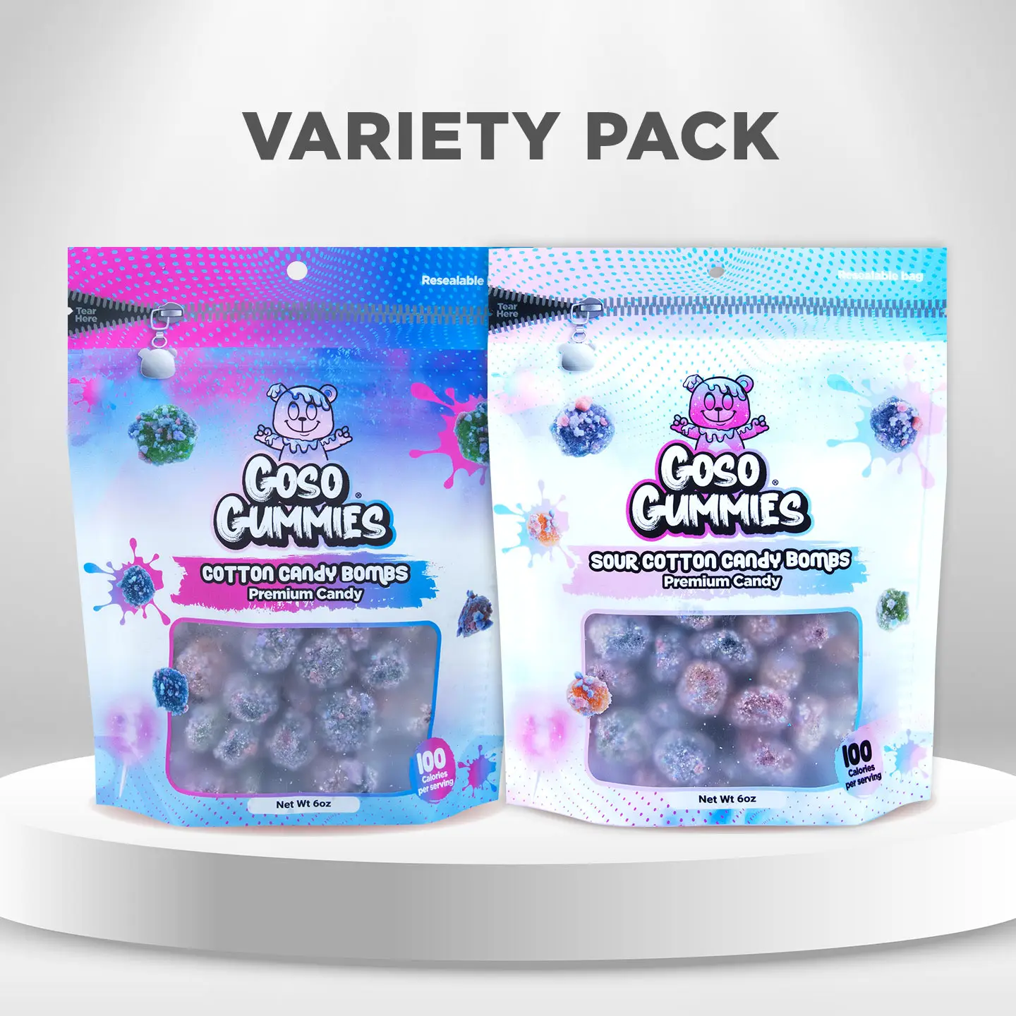 Goso Gummies Sweet Cotton Candy Bombs 6oz + Sour Cotton Candy Bombs - 12oz Duo Pack - Viral Gushers Candy