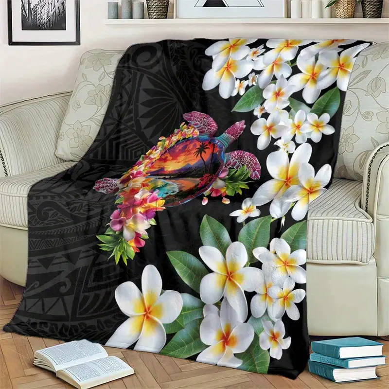 Hawaiian Plumeria Flower & Turtle Throw Blanket - Soft Flannel Geometric Tribal Design, Machine Washable, All-Season Comfort for Sofa, Bed, or Gift, Sofa Throw |     Tribal Pattern Blanket |     Machine Washable Throw
