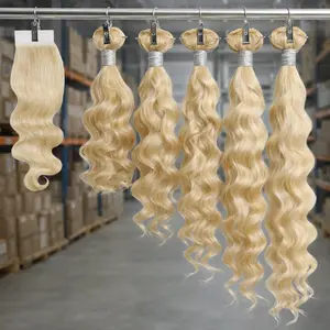 613 Bundles Human Hair with 4x4 Closure 24 26 28 Inch Blonde Body Wave Raw 3 4 Bundles Human Hair 12A 100% Unprocessed Brazilian Virgin Weave Human Hair Extensions