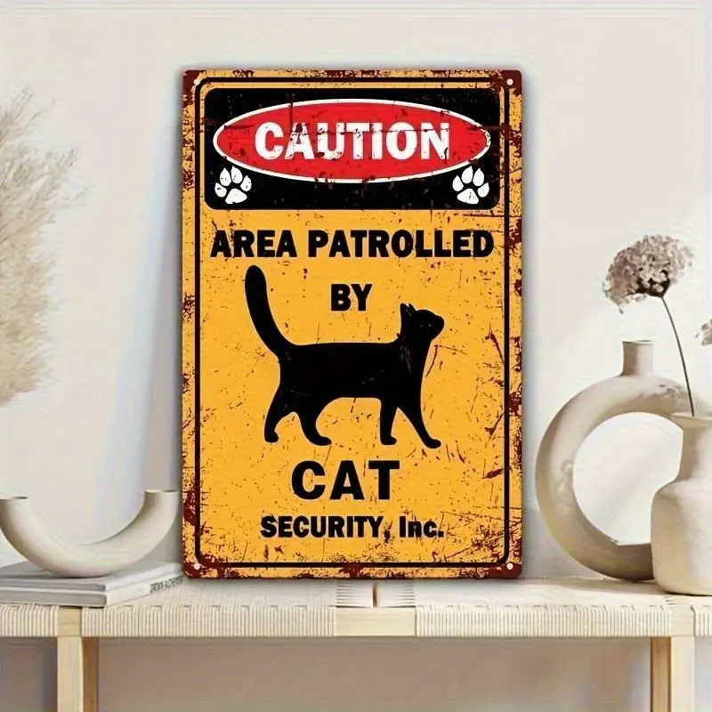 Vintage Metal Tinplate Plaque - Funny Cat Security Inc Warning Sign, 8x12 in Rectangular Pre-Drilled Durable Fade Resistant Non-Toxic Retro Wall Art, Home Decor Products, Cat Lover Gift
