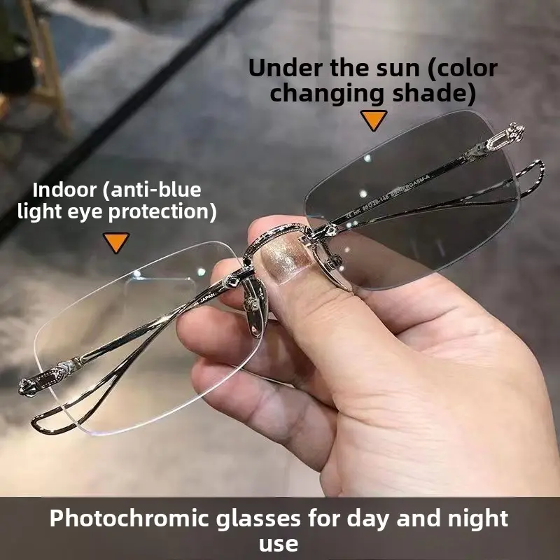 Photochromic Glasses With Adjustable Prescription, Borderless Business Myopia Glasses, High Sensitivity Anti Blue Light Ultra Light Frame, Suitable For Dual-Use Glasses For Office, Outdoor, And Daily Wear
