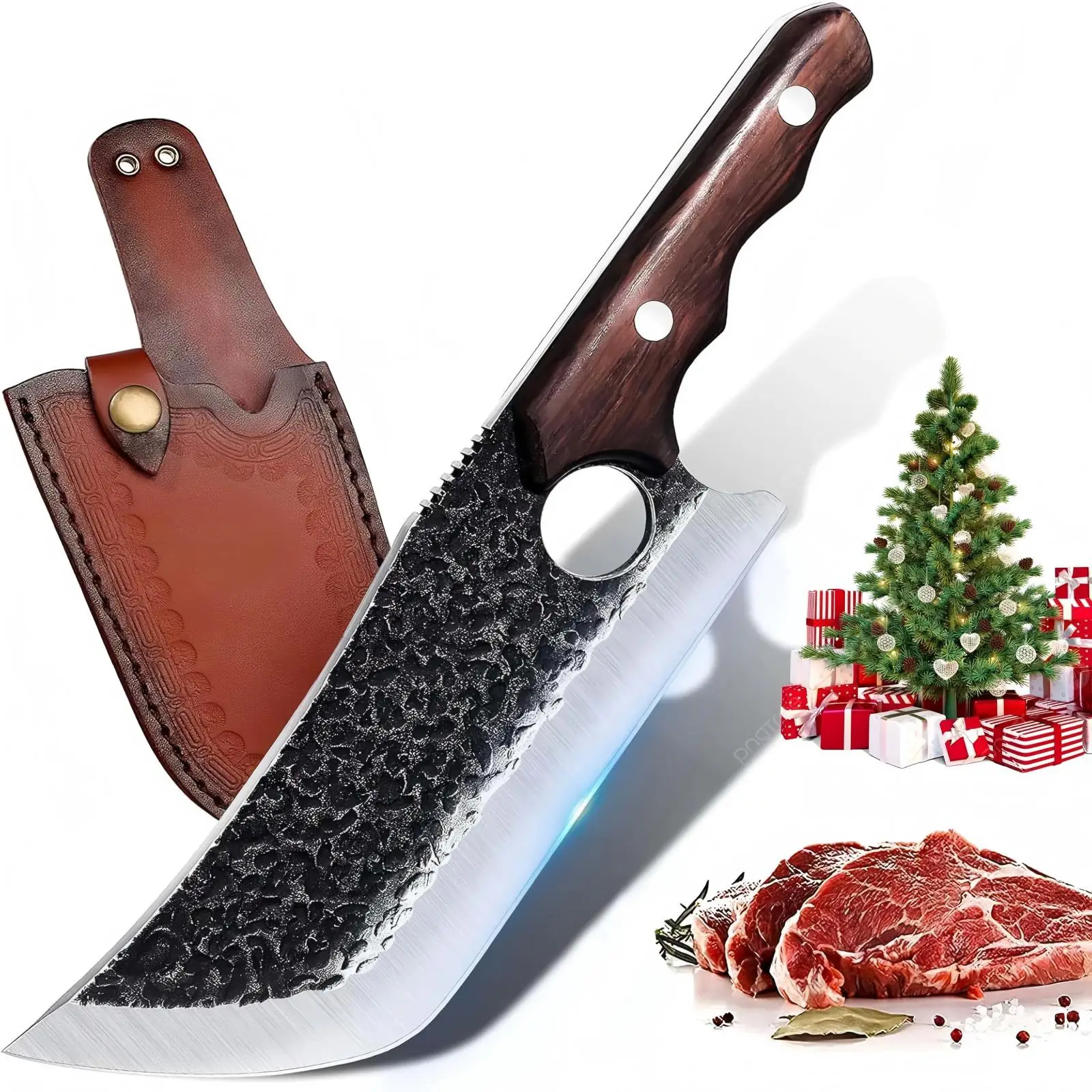 Dream Reach Hand Forged Meat Cleaver Knife,Full Tang High Carbon Steel Butcher Knife with Belt Sheath and Gift Box,Gift for Dad,Kitchen or Camping