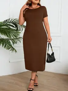 Plus Size Women's Round Neck Short Sleeve Solid Bodycon Dress, Comfortable Fit, Perfect for Casual Wear, Elegant Design