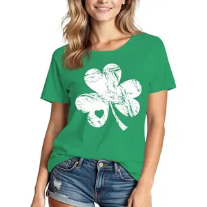 [Ladies: recommend sizing down] St Patrick's Day Shirts for Women, Lucky Irish Shamrock Crew Neck Short-Sleeve Graphic Higher Quality Printed T-Shirt Cotton PLK0032-2