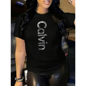 Women's Short Sleeve T Shirt Black Glitter Calvin Graphic Tee Stylish Casual Top for Daily Wear Night Outings Friends Hangouts Fashionable Occasions