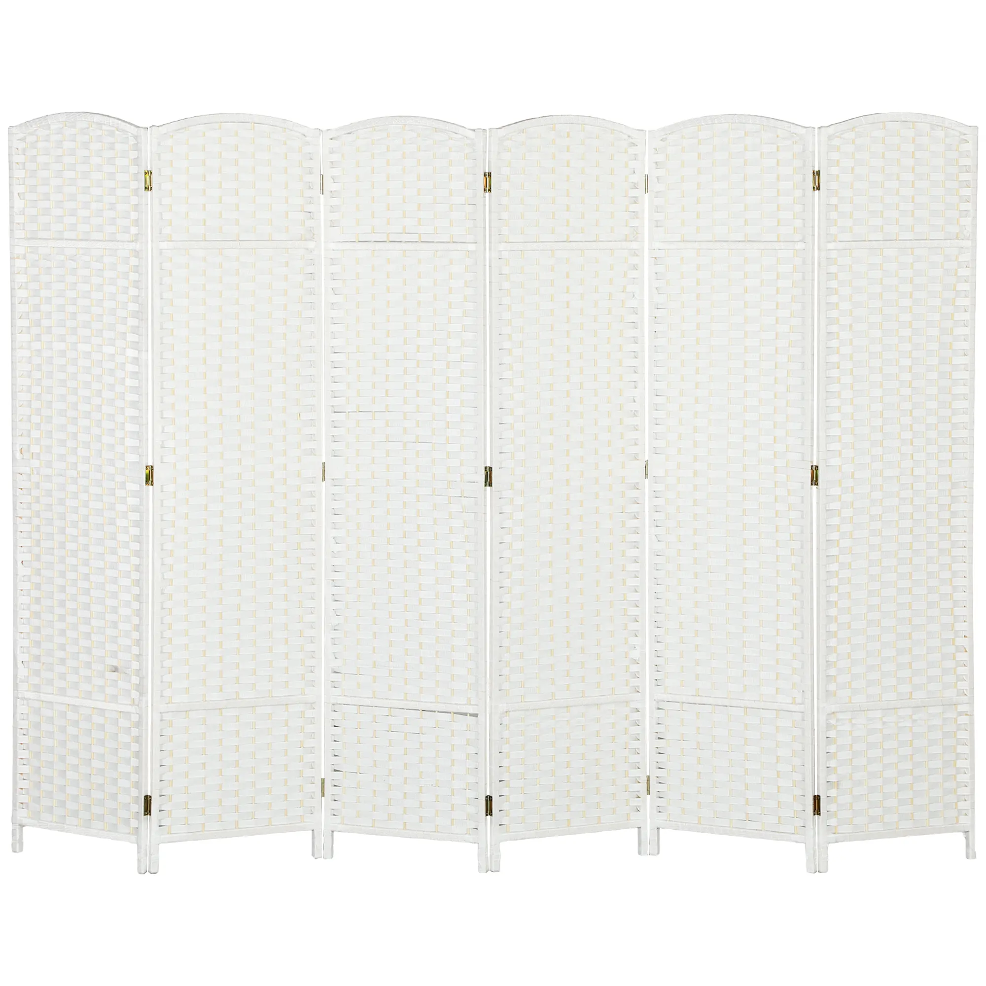 Pre assembled freestanding white woven privacy screen slim 3.8 inch folded thickness easy to tuck into narrow gaps and room corners for space saving idle storage