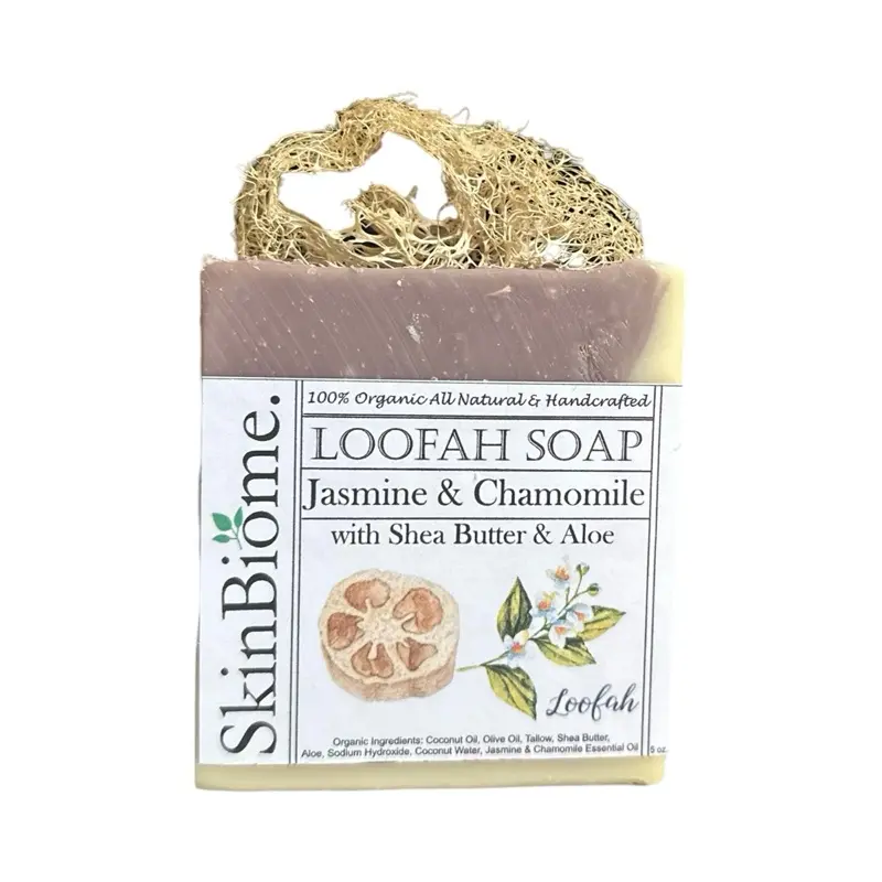 SkinBiome Loofah Tallow Soap Bar with Jasmine & Chamomile– All Natural Grass Fed Tallow Soap – Moisturizing Face & Body Wash Great for Eczema, Dry, Itchy, Sensitive Skin