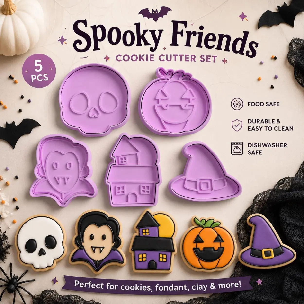 Halloween 3D Printed Cookie Cutters Set 5pcs - Spooky Friends Skull Pumpkin Vampire Witch Hat Haunted House - Food Safe PLA Cutters