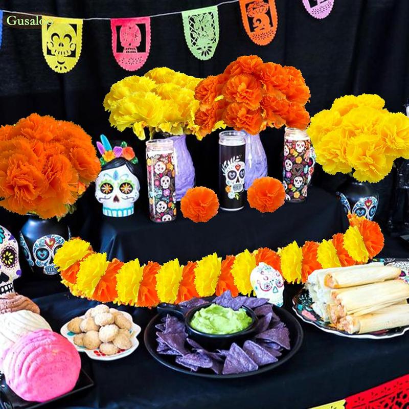 Marigold Flower Banners 250pcs Mexican Decor Kit Artificial Marigold Flowers for Day of The Dead Diwali Home DIY Party Papel Picado Ofrenda Decoration For Altar Halloween Dia De Los Muertos Colorful