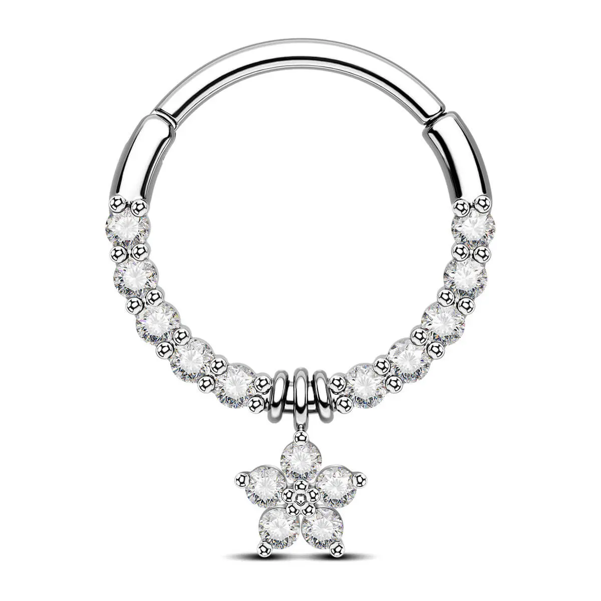 Oufer 16G 8mm Flower CZ Dangle Hinged Segment Septum Piercing Ring, Female Daily Wear Fashion Costume Body Jewelry Accessory