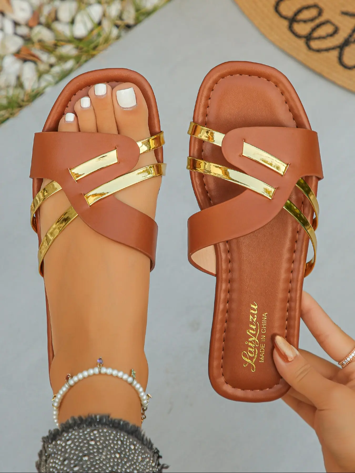 Women's One-Step Flat Sandals, Fashionable Casual Sandals, Synthetic Fabric, Round Toe Design, Soft Padded Insole, Suitable for Casual and Formal Occasions, Pu Leather Sandals