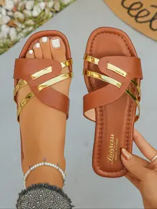 Women's One-Step Flat Sandals, Synthetic Fabric, Round Toe Design, Soft Padded Insole, Suitable for Casual and Formal Occasions, Pu Leather Sandals