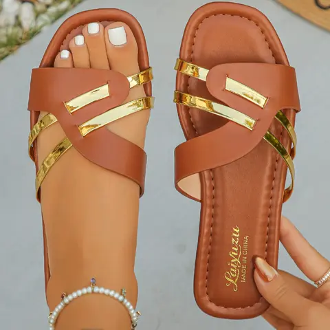 Women's One-Step Flat Dress Sandals, Fashionable Classic Casual Sandals, Daily Wear Sandals, Synthetic Fabric, Round Toe Design, Soft Padded Insole, Suitable for Casual and Formal Occasions, Pu Leather Sandals, Summer Flat Sandals