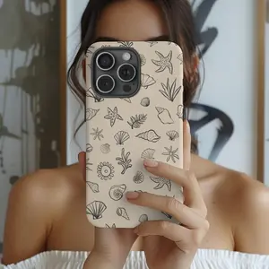 Beige Coastal Seashell & Starfish Sketch Phone Case — Compatible with Samsung S26/S25/S24/S23/S22/S21, iPhone 17/16/15/14/13/12/11, Drop-Resistant, Non-Slip, and Fade-Resistant, Minimalist Summer Beach Protective Cover