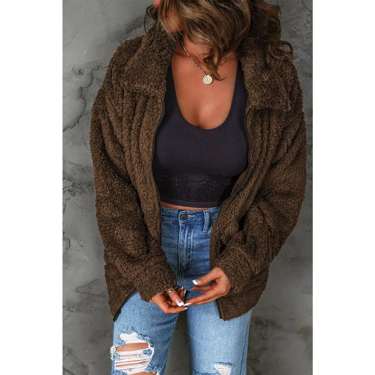 Zip Up Teddy Jacket with Pockets