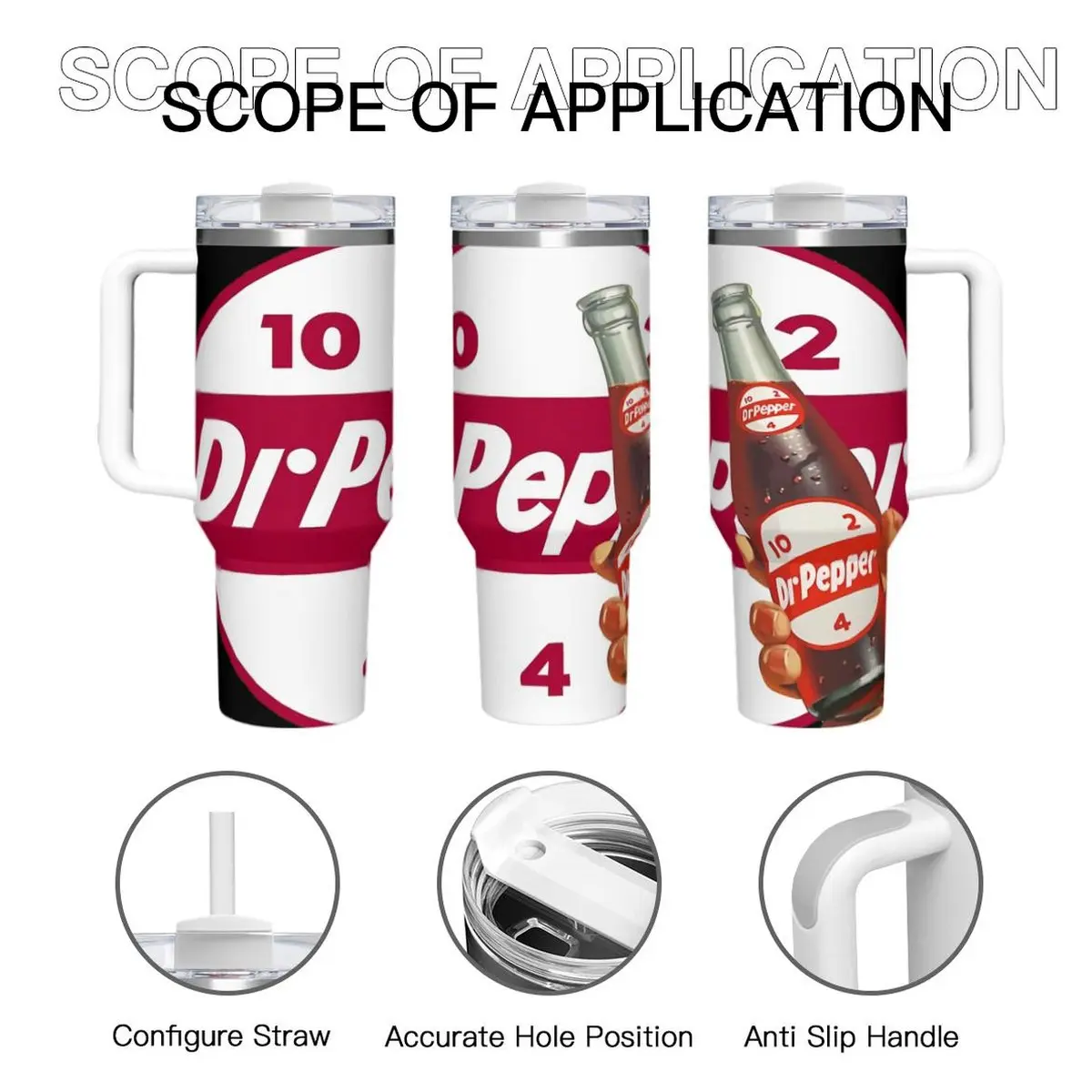 Essential Dr. Pepper 40 Oz Tumbler  Large Capacity Handle Car Cup With Handle And Straw Double Wall Stainless Steel Sublimation Tumbler With Handle Leakproof,Bpa-Free,Keep Cold Hours - In Stock