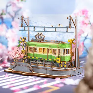 Rolife Sakura Journey 3D Wooden Puzzle TGS02 3D Wooden Puzzle for Adults, Sakura Journey Tram DIY Model building Kits with LED Lights, Creative Kids Craft Hobby Gift and Brain Teaser Home Decor Assembly Toy