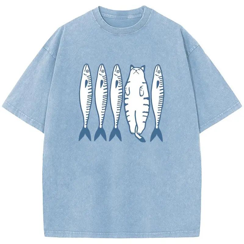 Holafish Unisex Vintage Loose T‑Shirt 100% Cotton Acid Wash Short Sleeve Top Cat And Fish Cartoon Graphic Drop Shoulder Baggy Pure Cotton Tee For Casual Outdoor Summer Daily Wear Summervibes