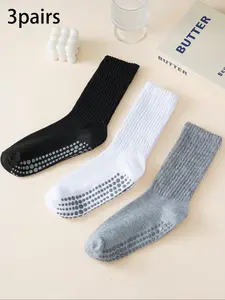 3 pairs of dot silicone anti slip yoga socks with simple solid color style, suitable for women's fitness Pilates sports running socks, Sports Athletic Socks