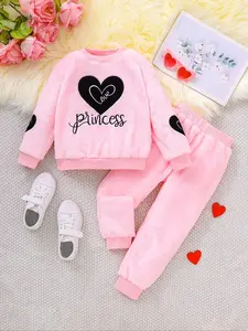 Two-Piece Set Girl's Heart Graphic Embroidery Drop Shoulder Sweatshirt & Pants Set, Cute Long Sleeve Round Neck Pullover & Trousers for Children Fall & Winter, Kids Clothes for Daily Wear, Gift for Valentine's Day, Cute Clothing Set