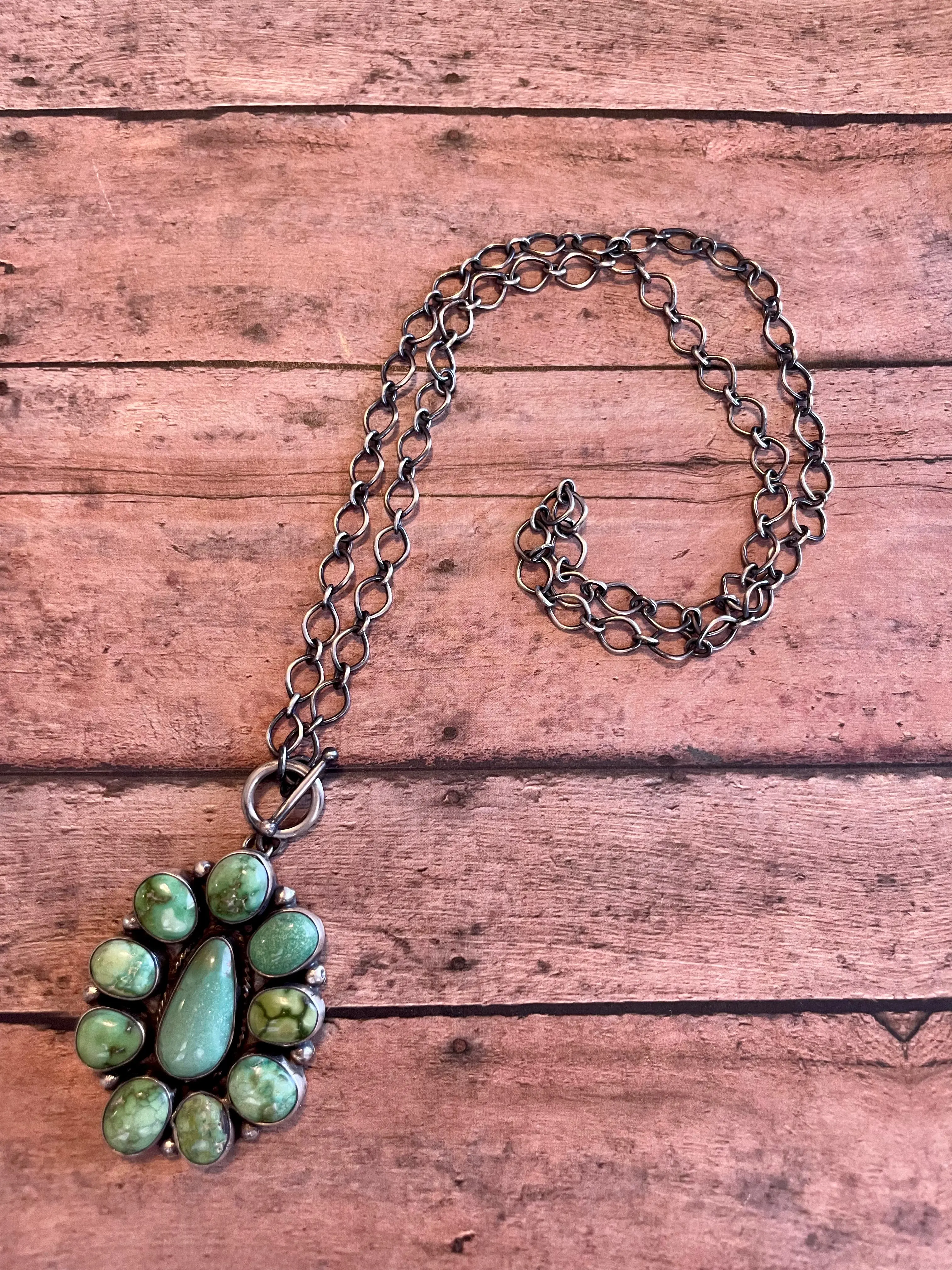 Handcrafted Sterling Silver & Carico Lake Turquoise Cluster Necklace