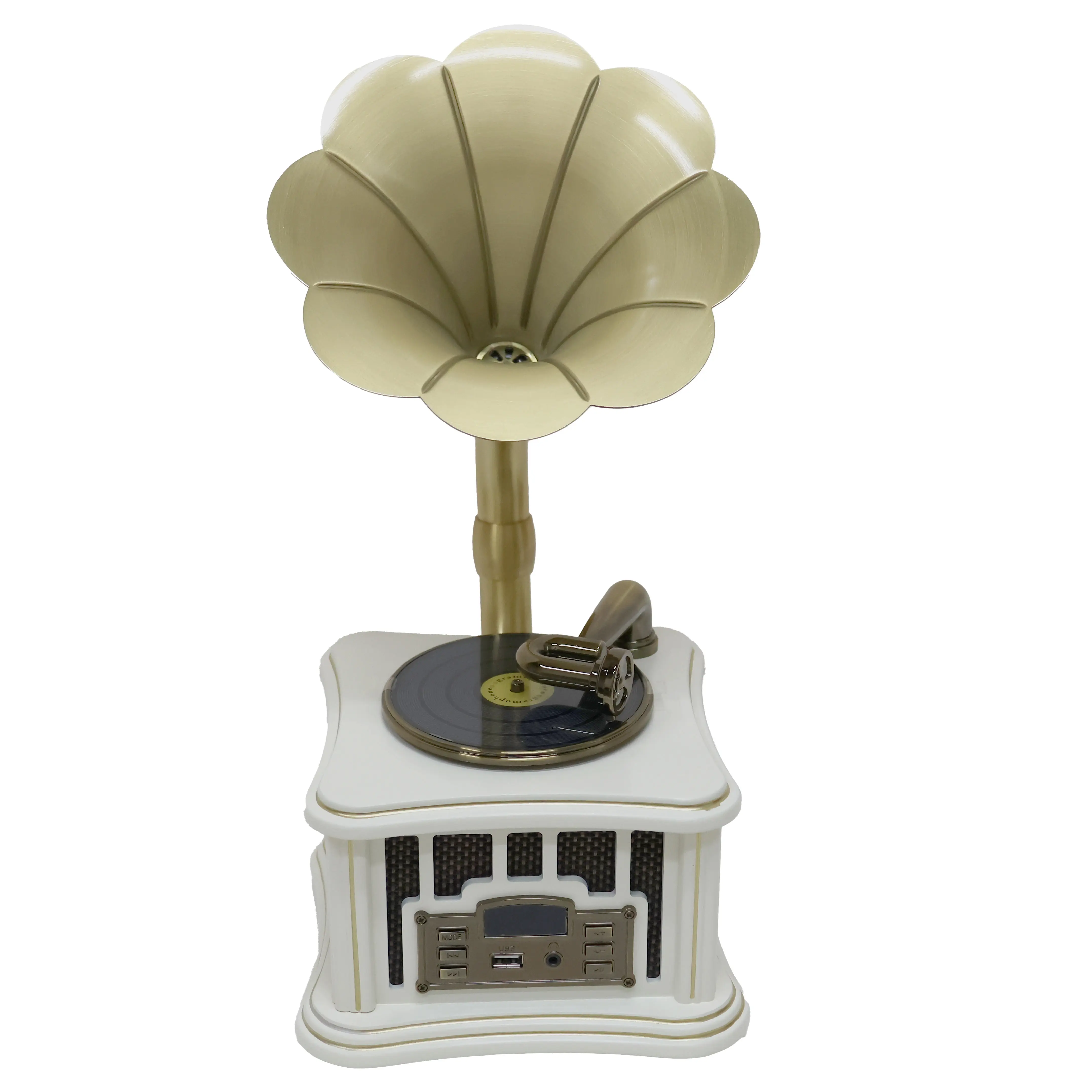 White Mini Vintage Wood Imitation Phonograph Audio Speaker - Stereo Sound, Bluetooth, Wired, Earphone Jack/Aux, USB Connection, EU Plug, Wood Box, Table Mount for Smartphones
