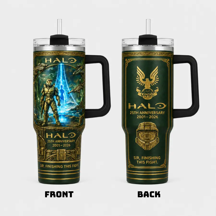 Halo 25th Anniversary Tumbler 40oz, UNSC Master Chief Travel Mug with Handle, Gamer Gift for Him, Sci-Fi Fan Birthday Gift