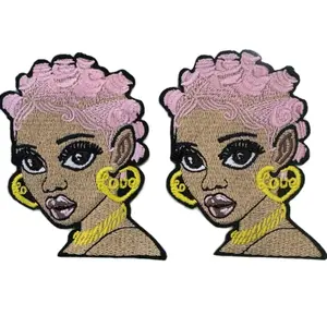 2PCS Pink Hair Girl Embroidery Iron On Patches for Clothing , Backpack , DIY Crafts , Jacket , Hoodie , Bag , Gym Bag