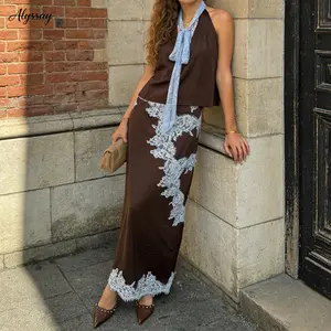 Women Summer 2 Piece Outfits Stylish Lace Patchwork Sleeveless Deep V Neck Satin Tops and Long Skirt Set