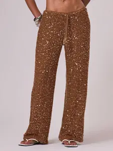 Resort Women Cover Ups Drawstring Waist Sequin Relaxed Wide Leg Beach Cover Up Trousers Vacation Summer Elegant Beachwear Boho Ibiza Spring Holiday Festival