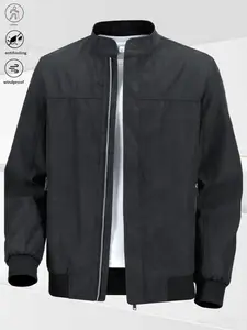 A men's stand collar jacket with simple casual style, smooth zipper closure, two side zipper pockets, secure storage, sleek and stylish overall design. Perfect for pairing with a shirt during weekday commutes, exudes a polished and confident look. Comfort