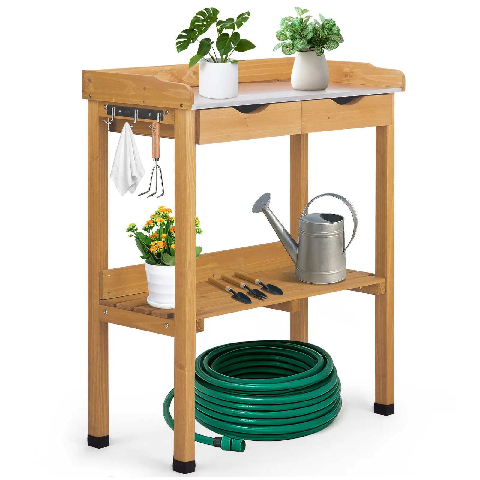 HAOYYE Outdoor Garden Potting Bench Table Wooden Planting Workstation with Metal Tabletop 2 Storage Drawers Bottom Shelf and 3 Side Hooks for Patio Balcony Greenhouse Backyard Natural Wood