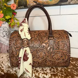 Tooled Leather Brown Large Speedy Bag with Accessories Floral Embossed Design and Matching Scarf