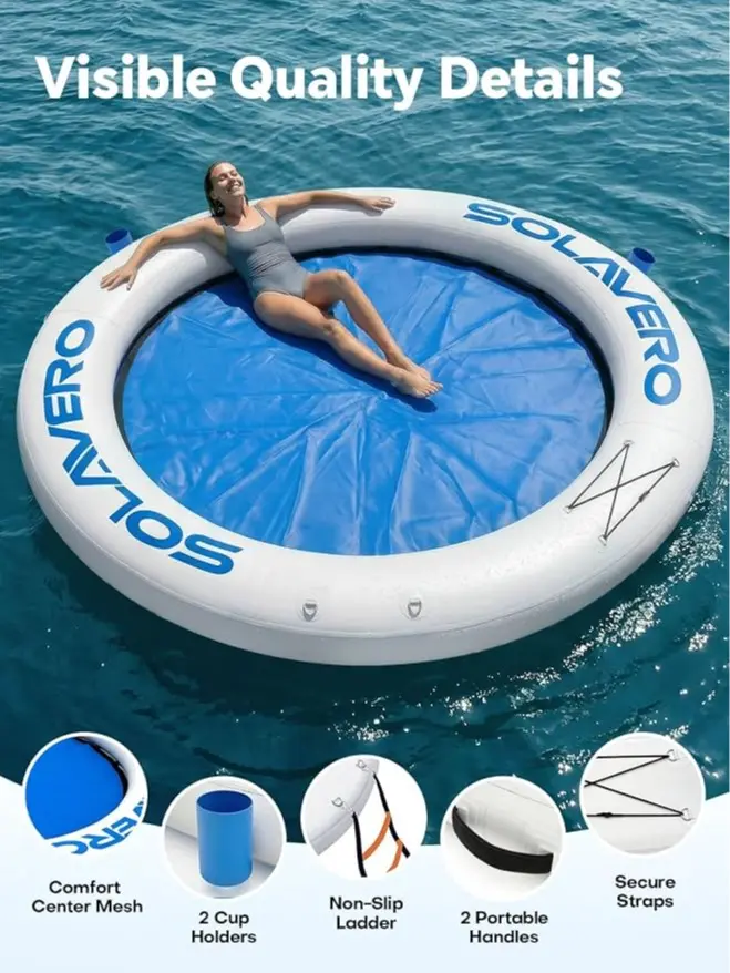 8FT Round Floating Ring Inflatable Water Hammock, Hammock Tanning Pool with Cupholder, Heavy Duty Pool Float Raft for Ocean and Lake, Inflatable Dock Floating Platform for Parties