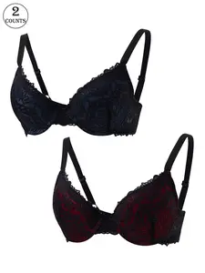 2pcs lace Underwire Push Up Everyday Medium Bra with Back Closure Adjustable Straps and Beautiful Back Shape Suitable for Yoga Activity and Outerwear Styling