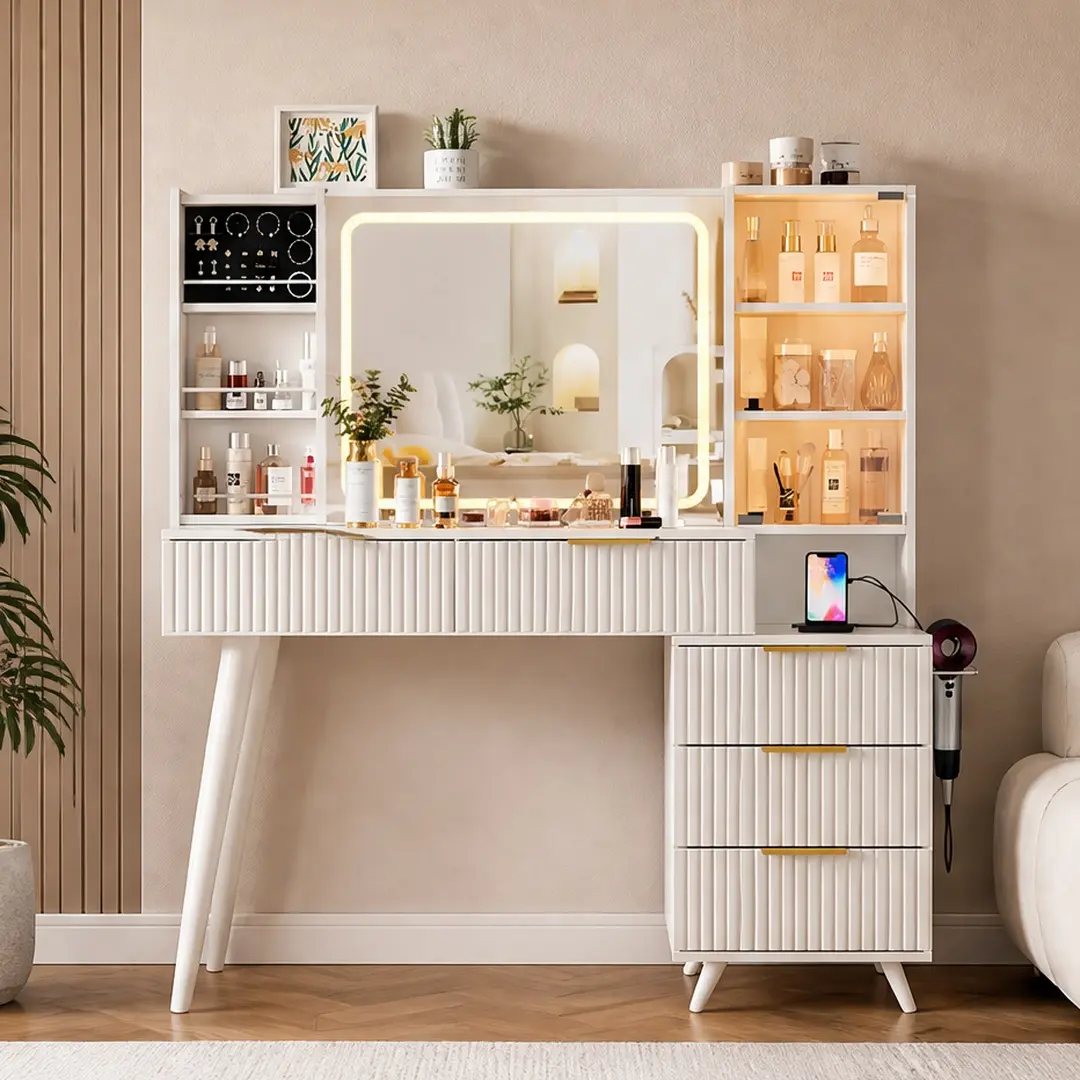 White MDF Stand-Alone High-Brightness Wooden-Effect Makeup Vanity Desk with Mirror, 11 Drawers, Fluted Panel, Dimmable Lights, Open Shelves, 59.45" W x 15.75" D x 53.35" H, for Bedroom Women, High-Brightness Makeup Vanities, Stand-Alone Makeup Vanities