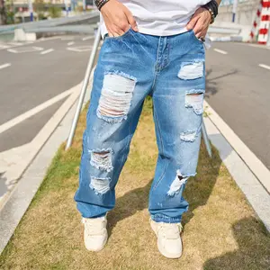 New Streetwear Men Ripped Regular Fit Jeans Trousers High Quality Solid Stylish Holes Loose Men's Straight Denim Pants Menswear Beige Pocket Plain