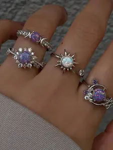 4 Piece Set Fashion Sun Moon Rhinestone Gemstone Ring Set, Stackable Finger Rings, Elegant Geometric Design, Perfect Gift for Valentine's Day, Mother's Day, Birthday
