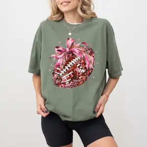 Girly Coquette Bow Football Shirt, Disco Football Tee for Girls, Cheerleading Tops, Cheer Squad Outfits For Women, Touchdown Season Tshirt, Game Day Tee for Girls, Oversized Women's Tops, Casual Womenswear, Comfy Cotton Fabric Relaxed Fit Chic Style