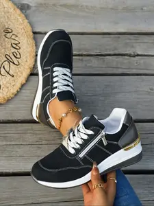 Women's Wide Width Lace-Up Thick Sole Wedge Sneakers, Casual Comfort One-Step Shoes, Adjustable Elastic Fit, All Seasons, Trendy Fashion Sneaker