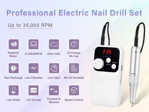 Professional Electric Nail Drill 35000 RPM,Portable Rechargeable E-File with LED Display,Quiet Low-Vibration Nail File Machine, Adjustable Speed,12 Nail Drill Bits for Acrylic Nails & Gel Nails Professional Electric Nail Drill 35000 RPM,Portable Rechargeable E-File with LED Display,Quiet Low-Vibration Nail File Machine, Adjustable Speed,12 Nail Drill Bits for Acrylic Nails & Gel Nails