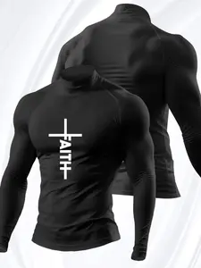 Men's High Neck Compression Shirt, "FAITH" Cross Graphic Long Sleeve Athletic Base Layer, Quick Dry Moisture Wicking Workout Top, Slim Fit Thermal Undershirt for Gym Running Training, Christian Fitness Shirt