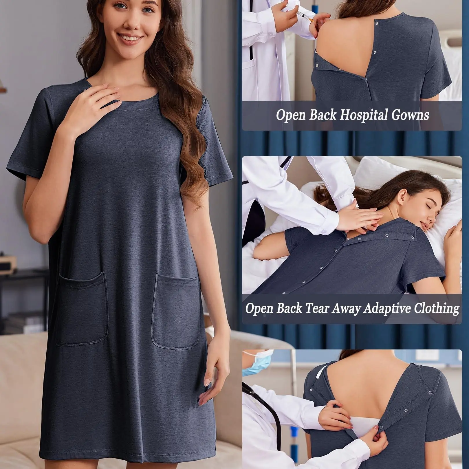 Deyeek Hospital Gowns for Women Open Back Tear Away Snap Nursing Dress Short Sleeve Soft Adaptive Clothing With Pockets