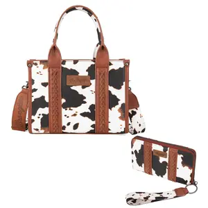 Wrangler Cow Print Tote Daily Use Handbag for Women Top Handle with Wallet,2Pcs Set Leather Satchel