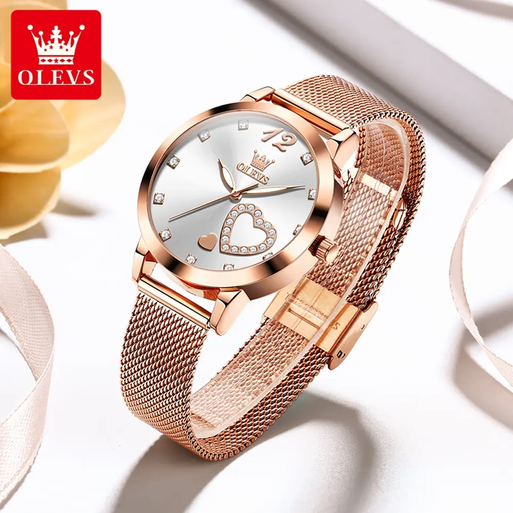 OLEVS Women's Stylish Analog Watch with Diamond-Studded Mesh Strap, Luminous Waterproof Quartz Movement, Analog Watches, Luminous Waterproof Watch