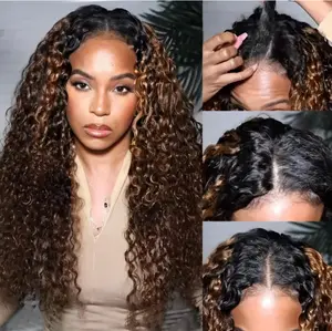 Lushlanes Curly V Part Wigs Human Hair Balayage Brown Highlight 150