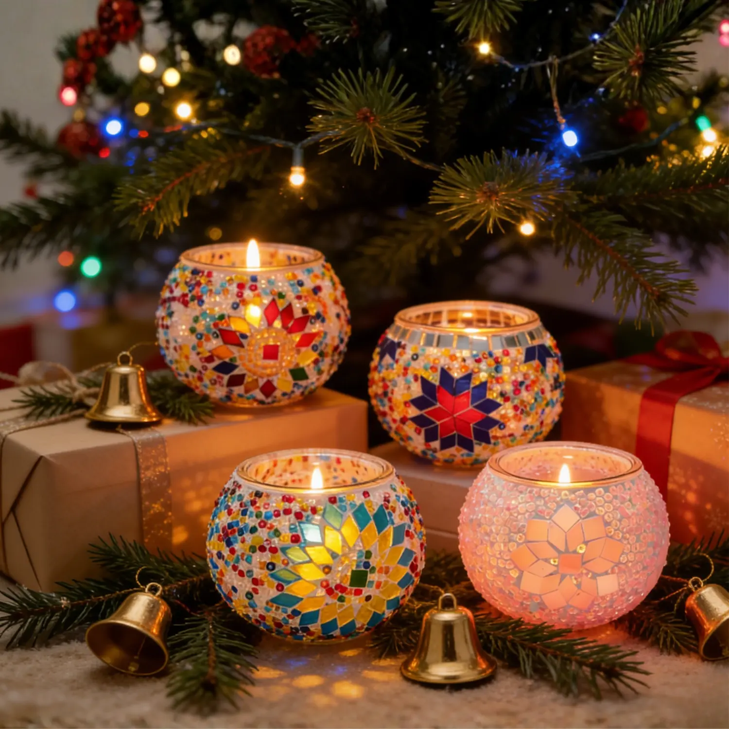 Turkish Mosaic Glass Tea Light Candle Holder Set - Vibrant Floral & Geometric Designs, Polished Metal Wick Fixers for DIY Scented Candles, Beautiful Ornaments & Tabletop Decor, Perfect for Home Decoration, Gift Ideas, Decoration Items & Home Accessories