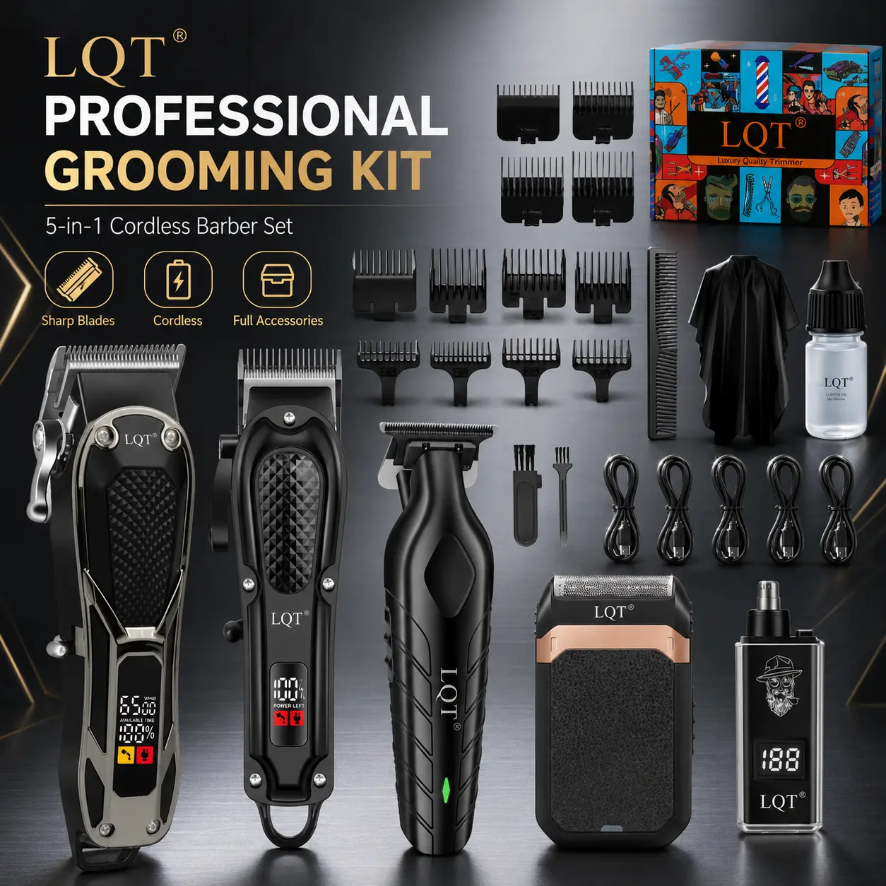 Men's 5-in-1 Professional Cordless Hair Clipper completo Kit, Barber Grooming Set with Clipper, Trimmer, Foil Shaver, Nose Trimmer for Hair & Beard Care, Haircut  lcd display   practical gift