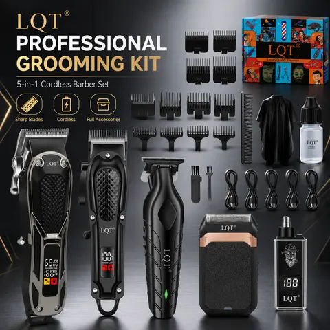 LQT Men's 5-in-1 Professional Cordless Barber Clippers - 5-Pack Adjustable Barber Kit, Wireless Auto-Powered Salon-Style Portable Digital Multi-Mode Modern Hair Trimmers & Clippers, Foil Shaver, Nose Trimmer for Hair & Beard Care