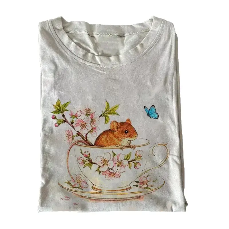 Women's Vintage Retro Cottagecore Mouse Graphic Cotton Round Neck Casual Tee - Oversized Regular Fit Ribbed Unisex Streetwear Top, Lady's 1-Piece Gift Clothes 020410, Short Sleeves